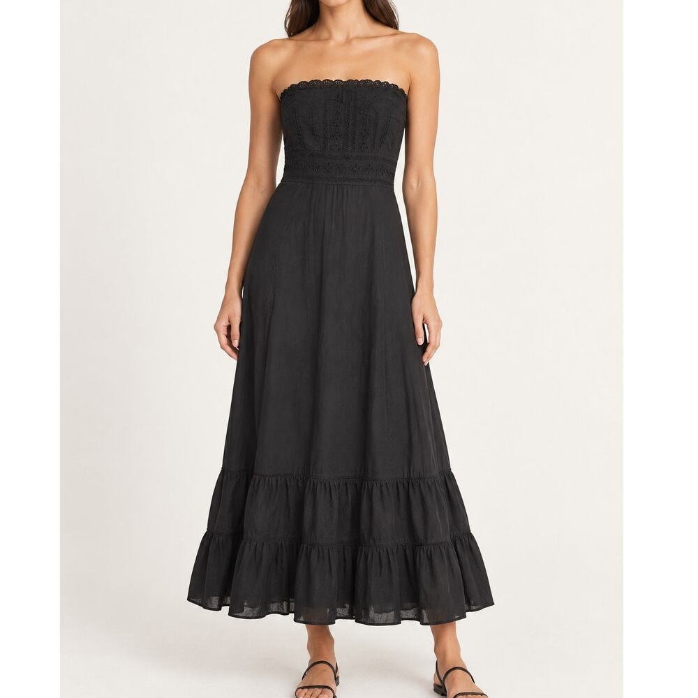 Reformation Strapless Eyelet Midi Dress in Black Sz. 6